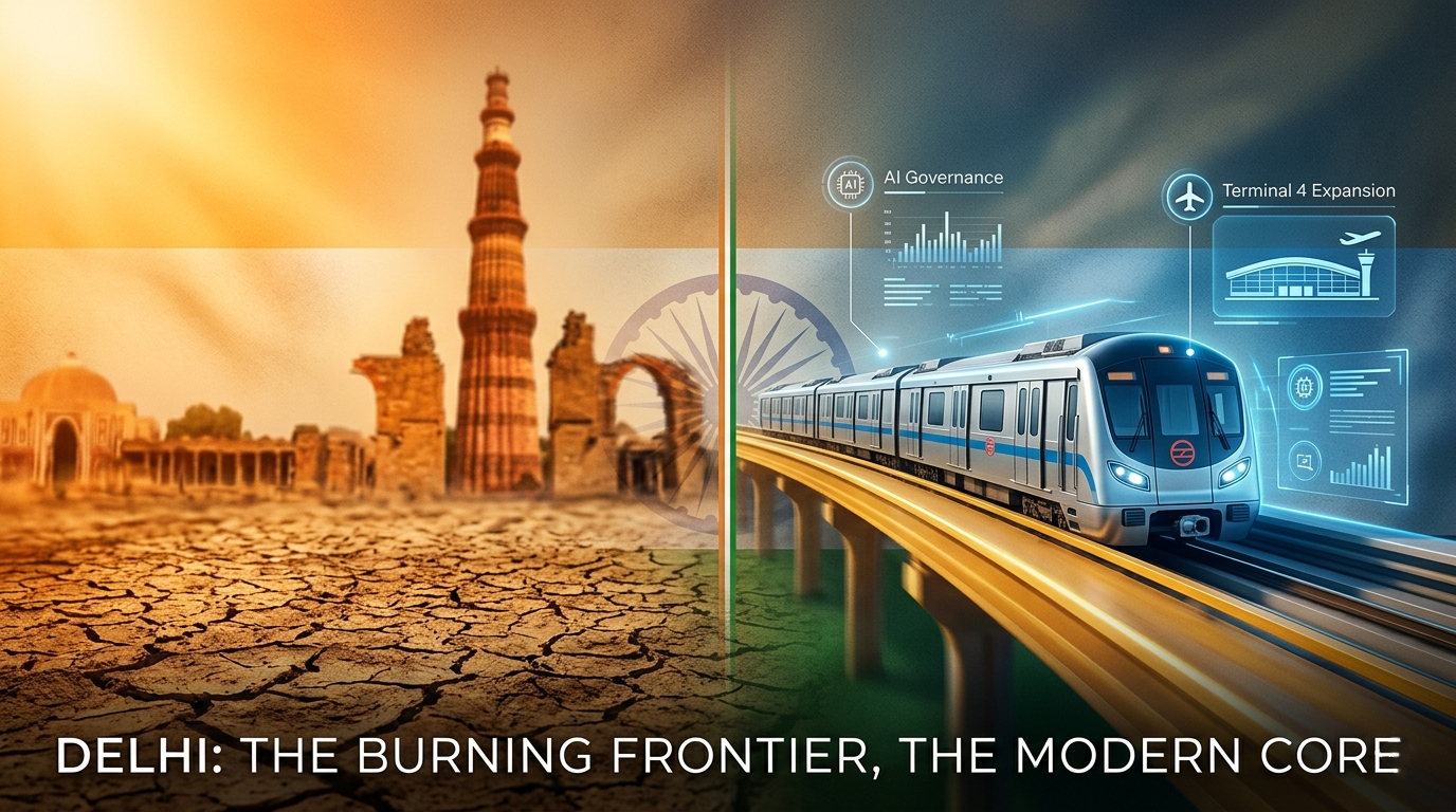 A dual-tone artistic image split down the center: the left side showing Delhi Gate under a blazing sun with a 43°C warning, and the right side showing a modern elevated Delhi Metro train with icons for IGI Terminal 4 and Metro Phase 4, symbolizing the cap
