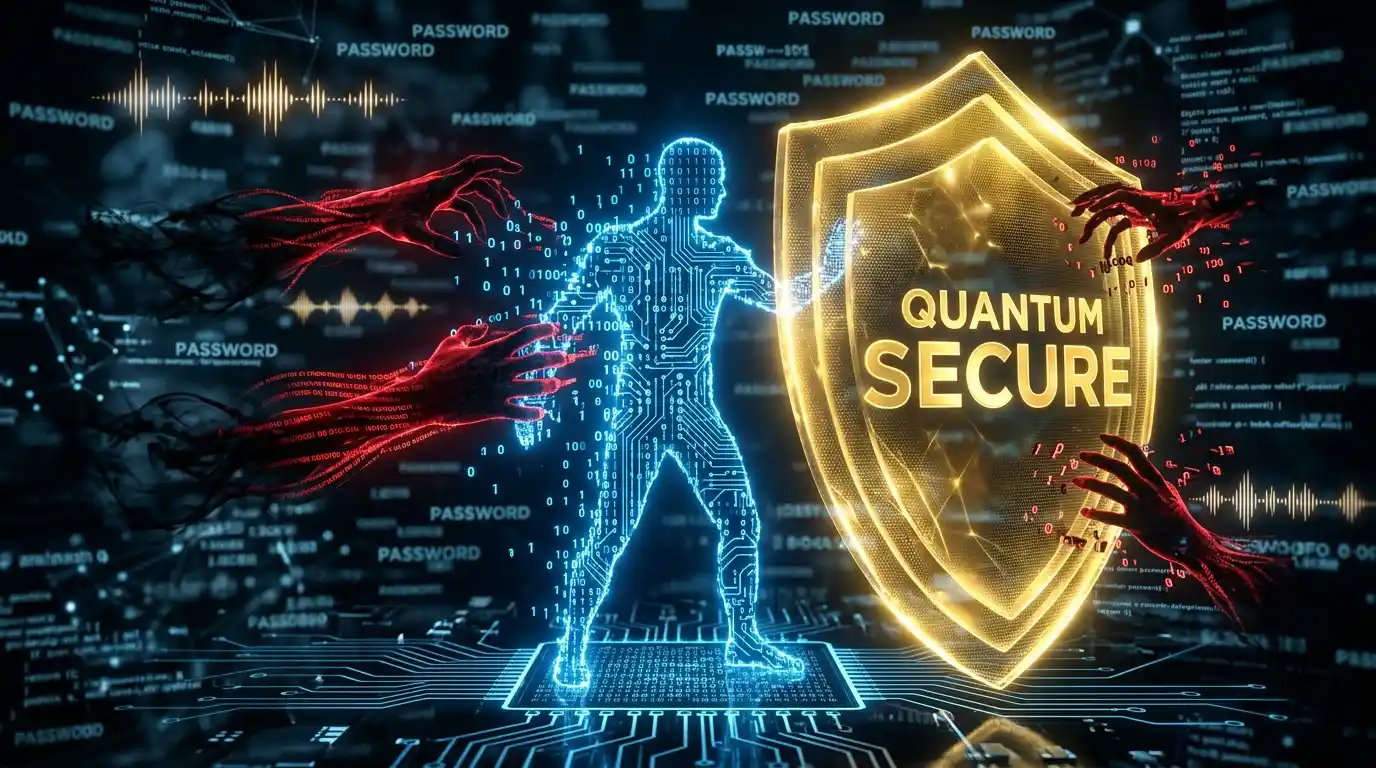 A futuristic conceptual image of a digital shield protecting a human identity from AI hackers.