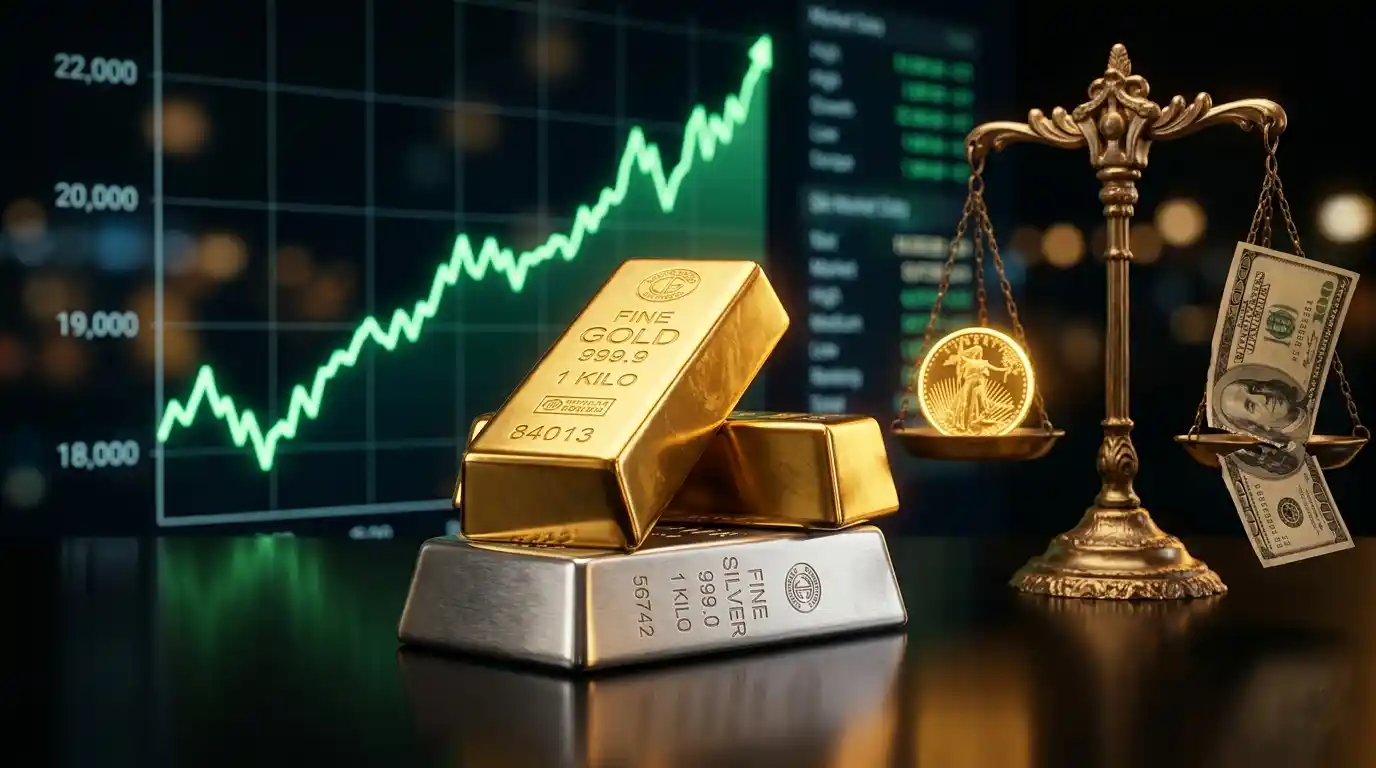 A professional display of 24K Gold biscuits and Silver bars with a price ticker.