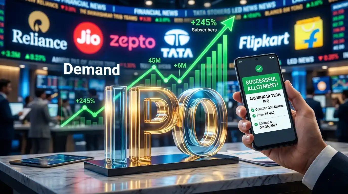A conceptual image of the NSE building with digital tickers of upcoming IPOs like Jio and Zepto.