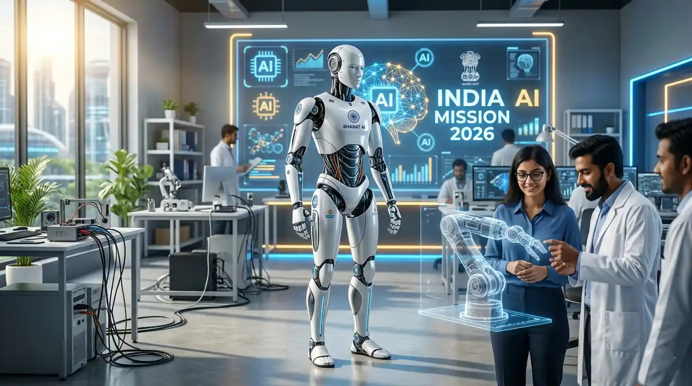 A futuristic conceptual image of a humanoid robot and a human engineer shaking hands in an Indian tech hub. T