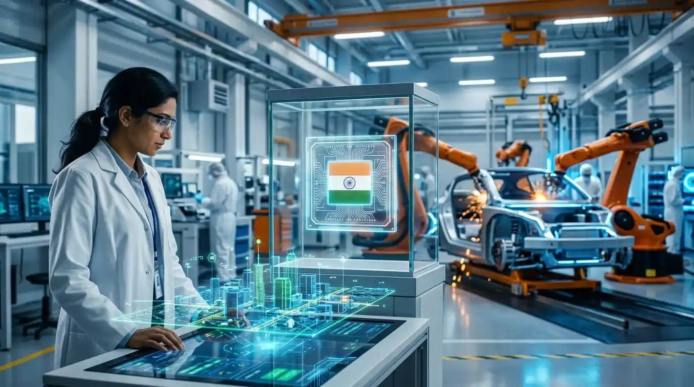 An automated robotic arm assembling an electric vehicle in a high-tech Pune factory. Representative Image