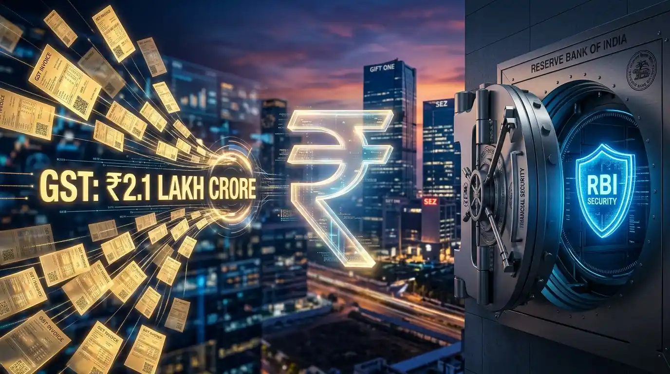 A conceptual showing a digital shield protecting a bank account with a GST 2.1L Crore ticker. Representative Image