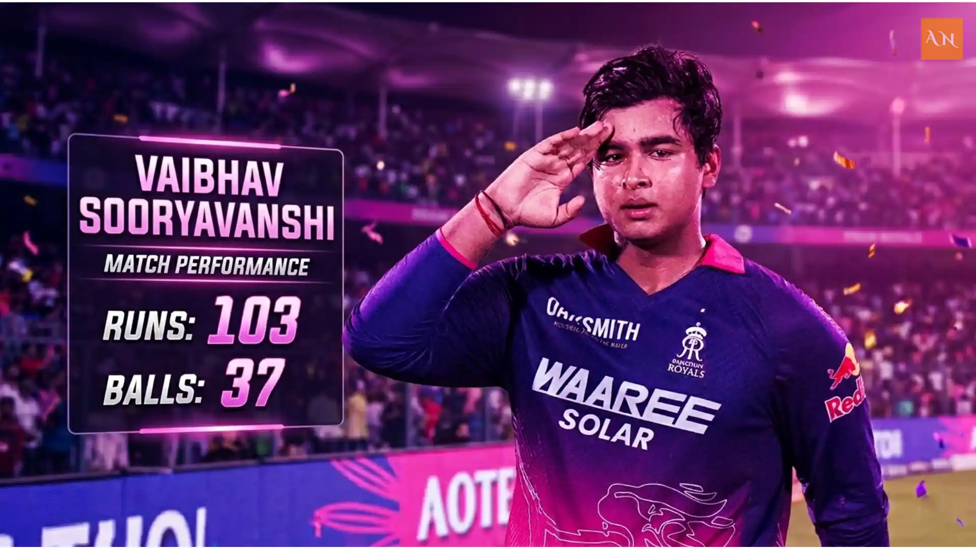 15-year-old Vaibhav Suryavanshi celebrating his maiden IPL century with a roar.