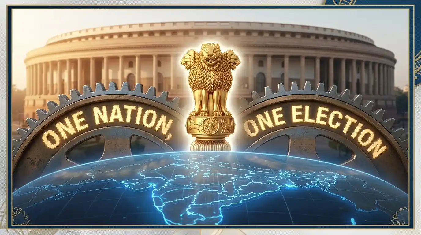 A professional image of the New Parliament House with the Indian flag flying high. Representative Image