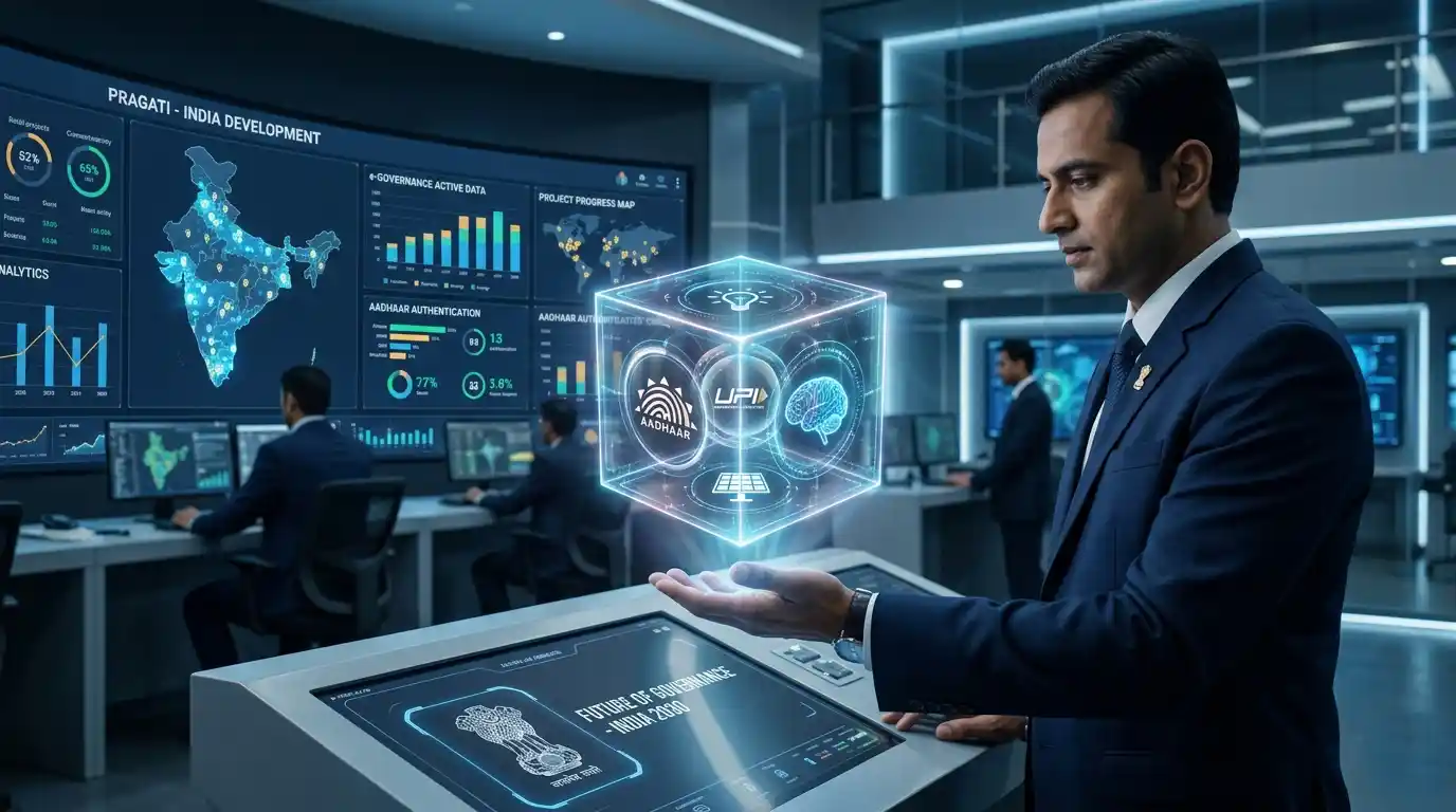 A digital illustration representing 'Mission Karmayogi' with icons of technology and service.