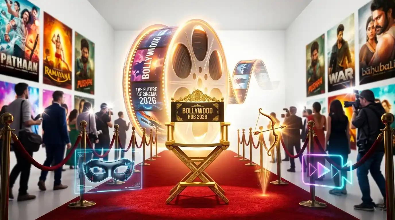 A professional artistic representation of a movie set with a clapperboard and studio lights.