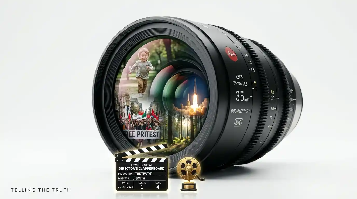 A professional photo of a documentary film set with a boom mic and a 4K camera.