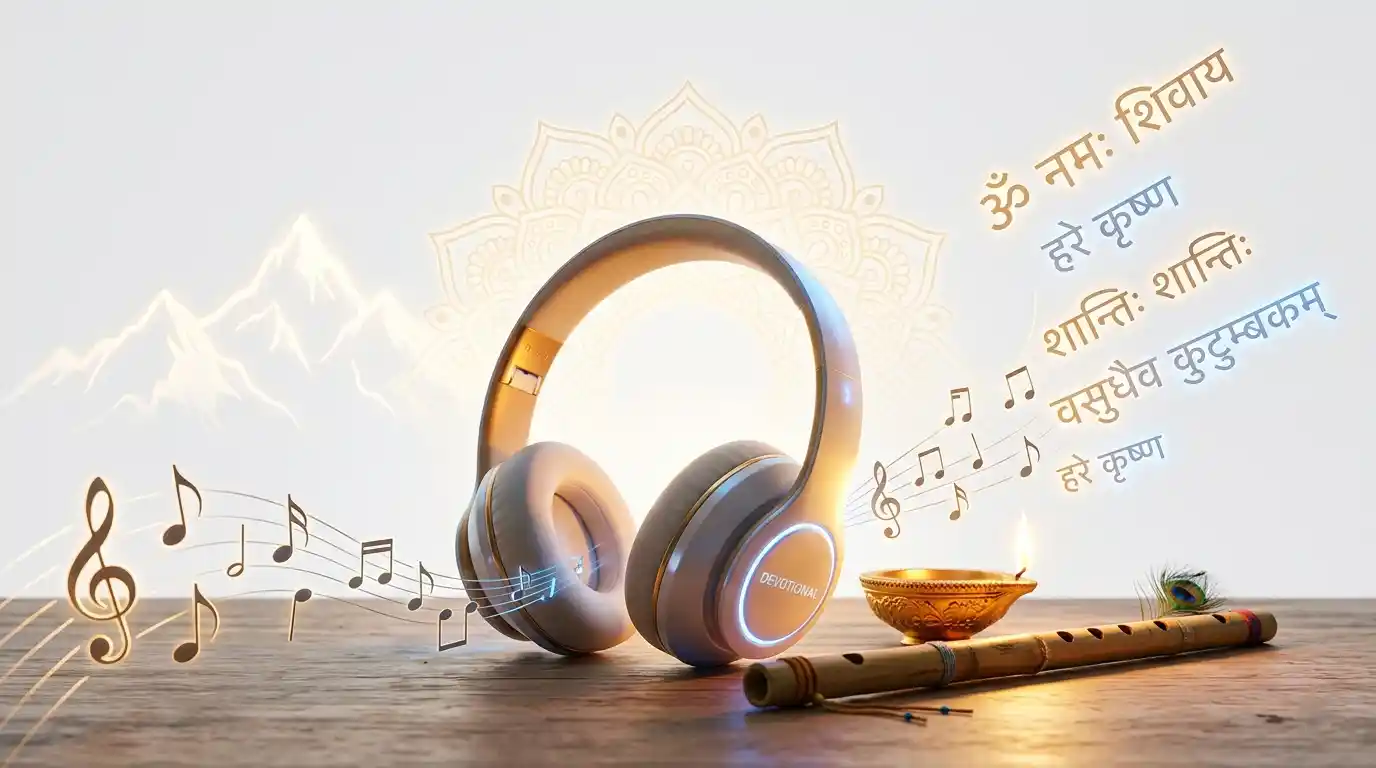 A professional photo of a modern recording studio with a Sitar and a digital soundboard.