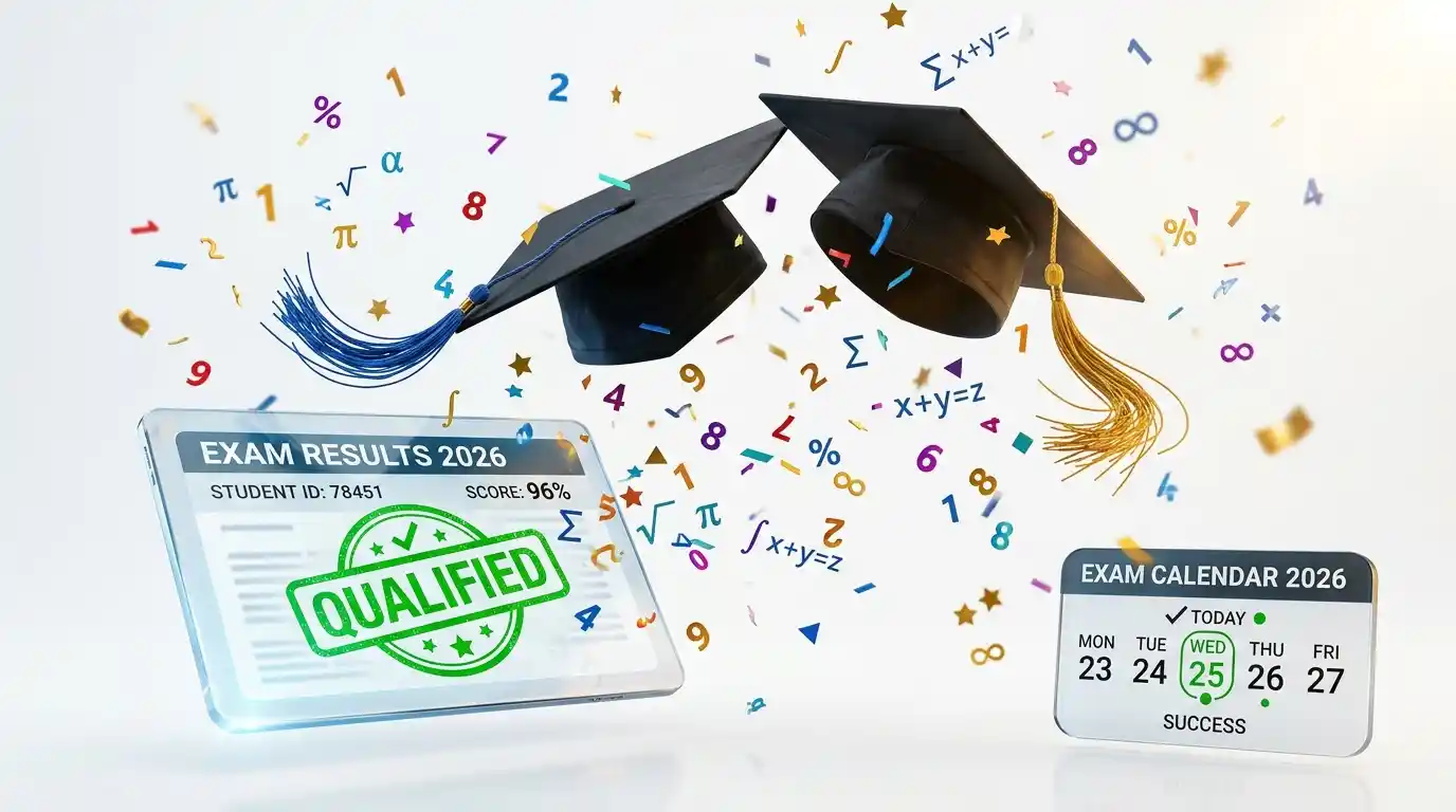 A student happily looking at their exam result on a laptop screen with a 'Success' badge.