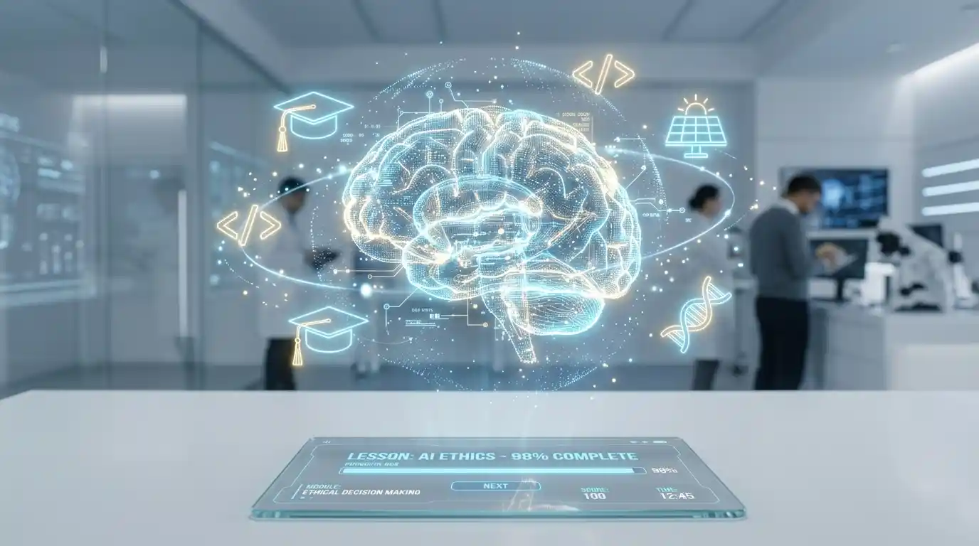A student wearing a VR headset, interacting with a 3D holographic model of a DNA strand.