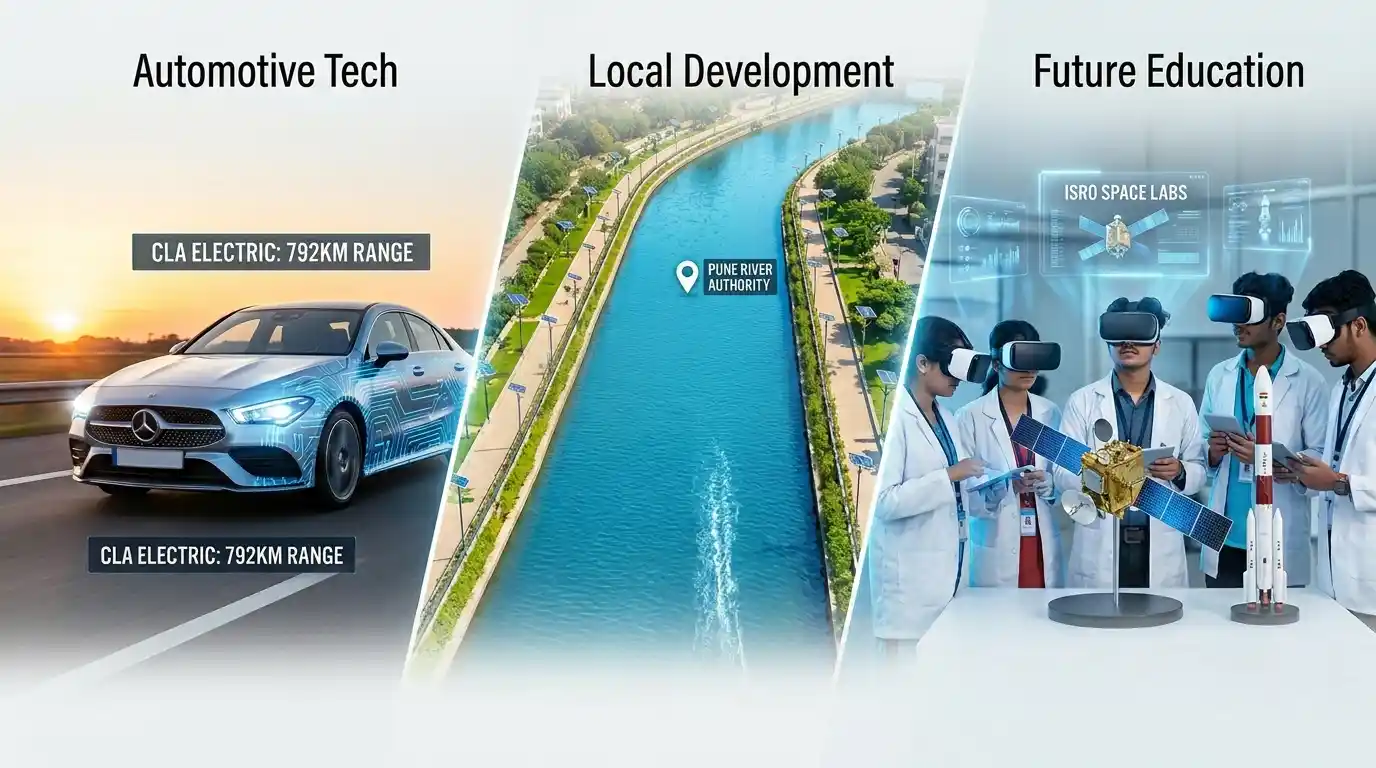 A professional split-screen featured image on Akhand News showing three key updates: Left panel: The sleek silver Mercedes CLA Electric driving (792km range, Luxury EV Launch in India). Middle panel: A clean aerial view of Pune's revived Mula-Mutha riverf