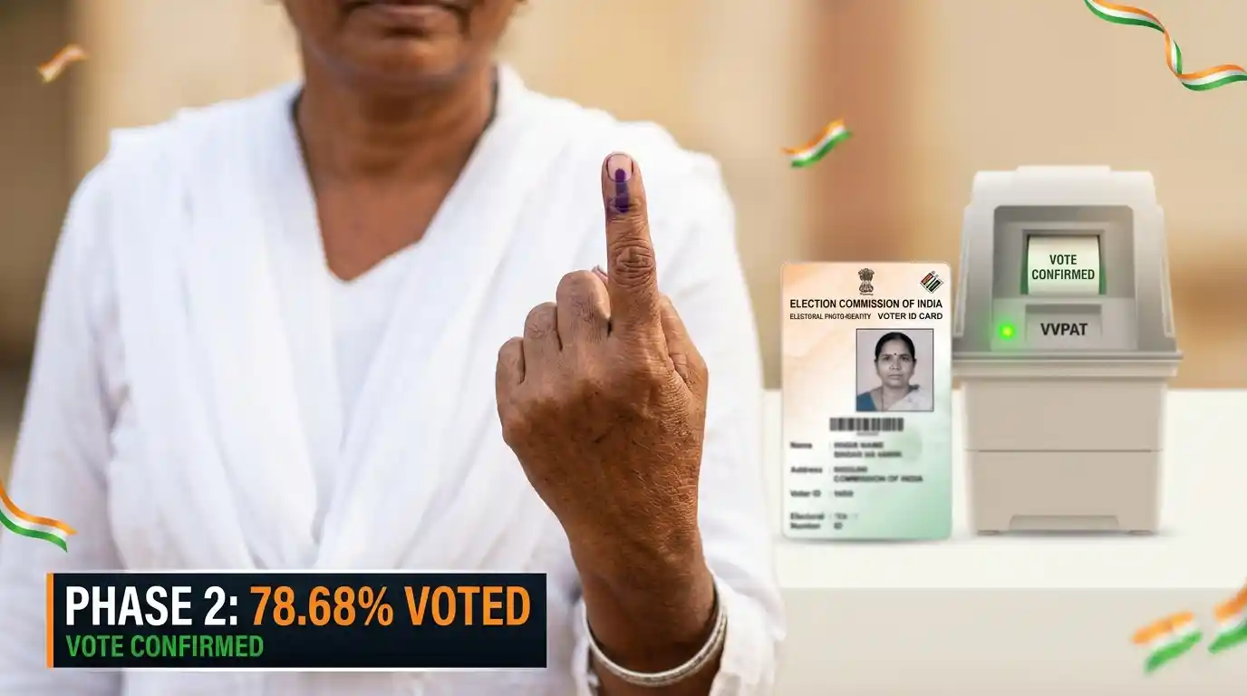 A close-up of a voter's finger with indelible ink after casting a vote in the 2026 elections. Representative Image