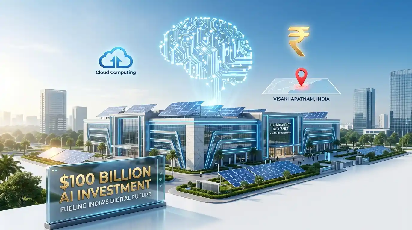 A 3D architectural render of the futuristic Adani AI Data Centre hub in Visakhapatnam with solar panels.  Representative Image