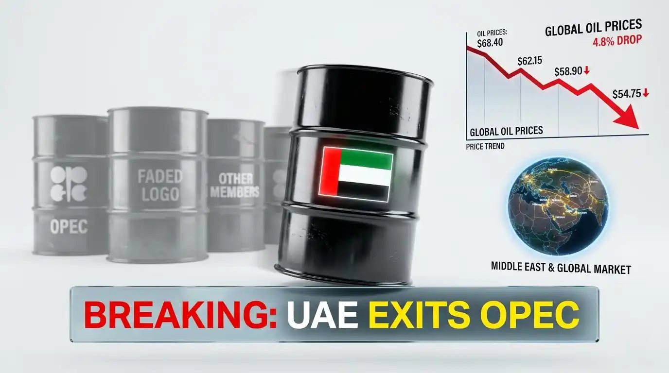 The flags of the UAE and OPEC separated by a symbolic crack, representing the historic exit. Representative Image