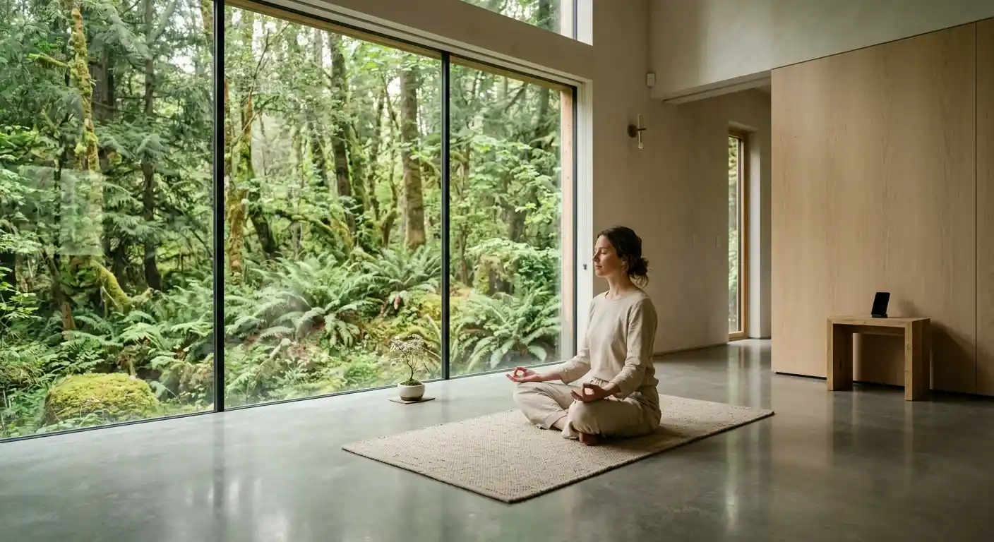 A person practicing mindfulness in a peaceful room with nature views, emphasizing a break from digital devices.
