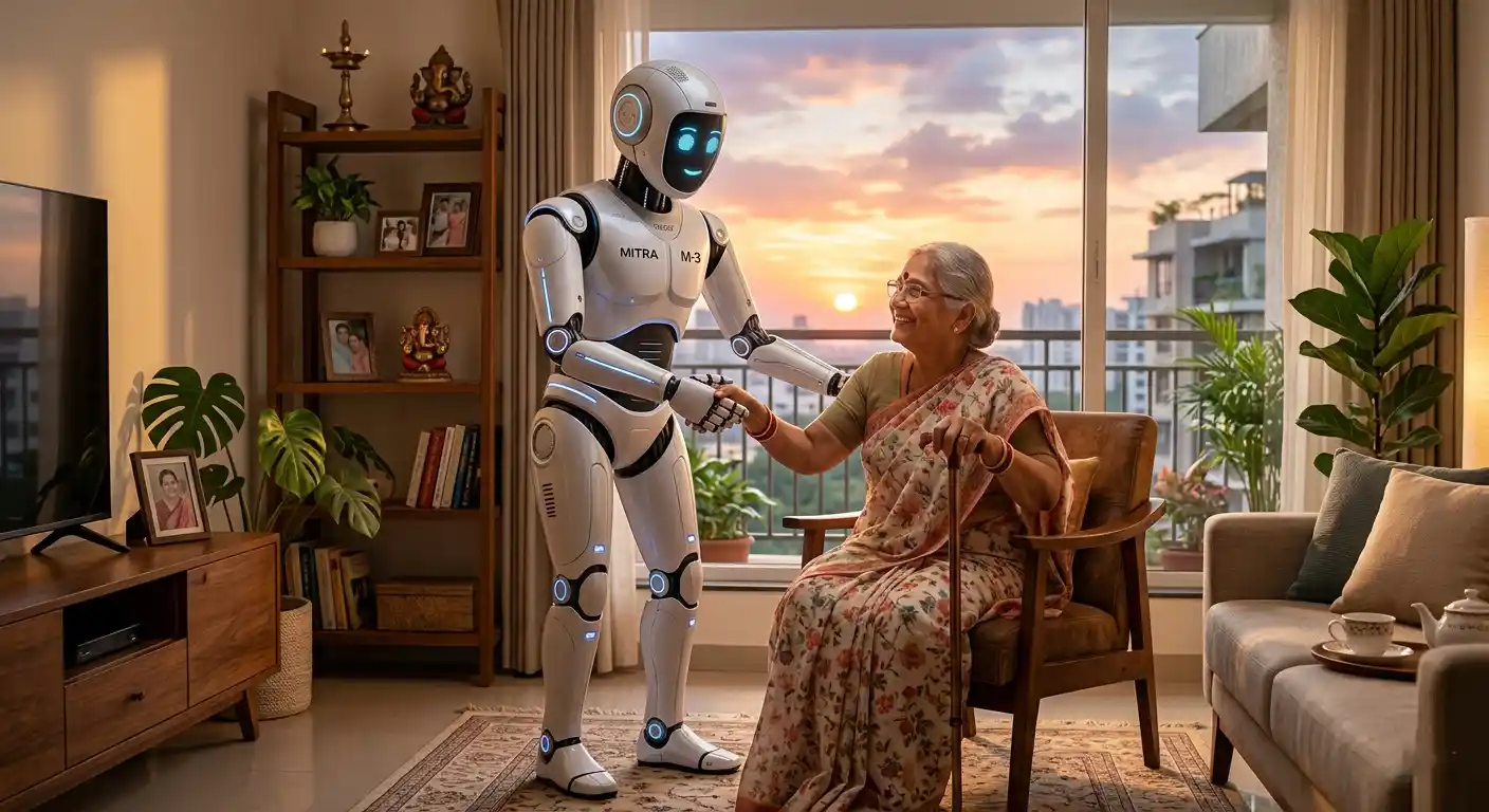 A humanoid robot assistant interacting kindly with a human in a domestic setting, symbolizing 2026 robotics.