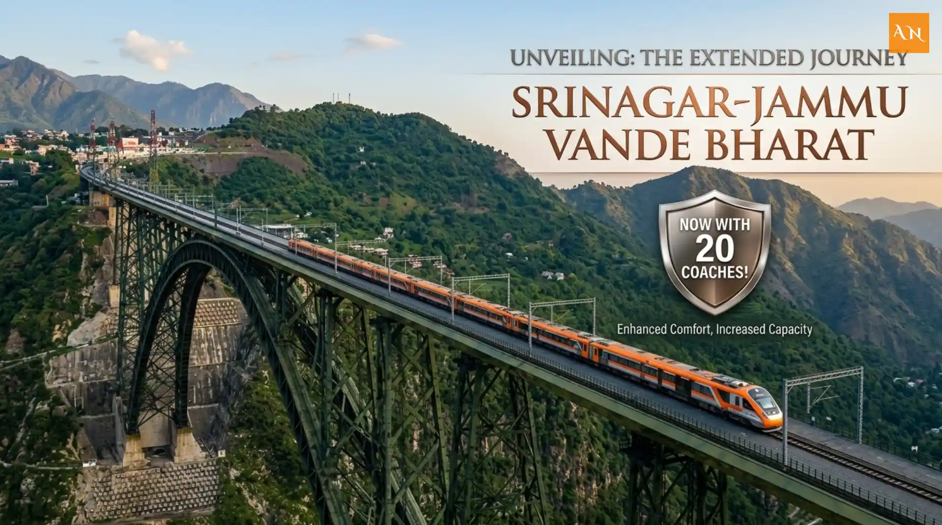 The Vande Bharat Express train traveling through the scenic landscapes of Jammu and Kashmir. Image Source:X/@AshwiniVaishnaw