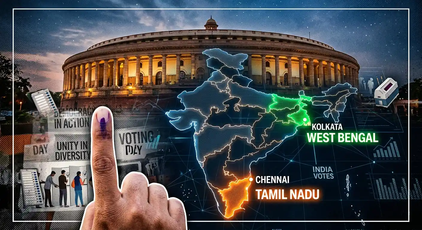 A political collage symbolizing the 2026 Assembly Elections and the pulse of Indian democracy.