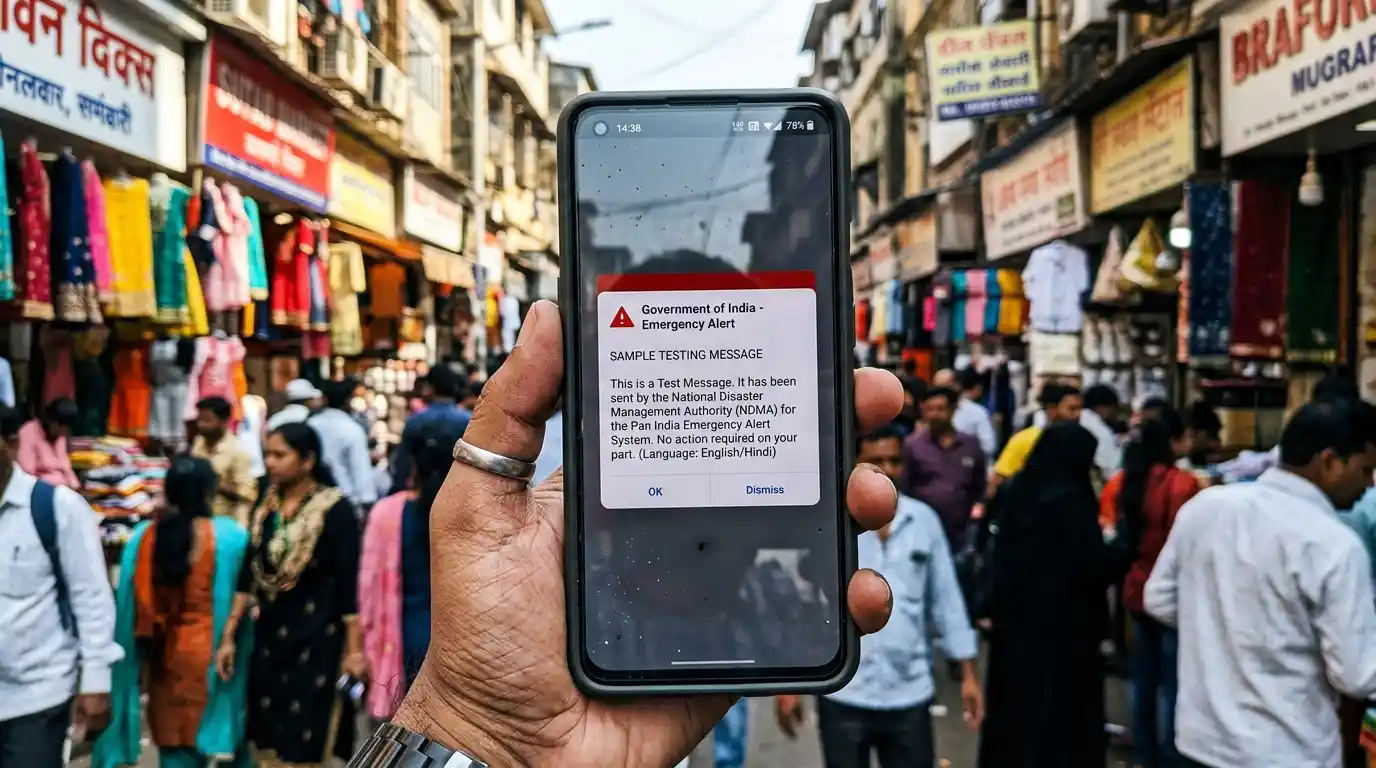 A smartphone showing the Government of India's emergency alert test message.