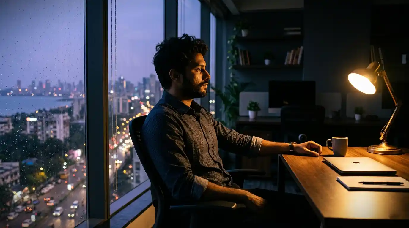 A realistic portrayal of an Indian professional finding hope and mental peace during a stressful workday.