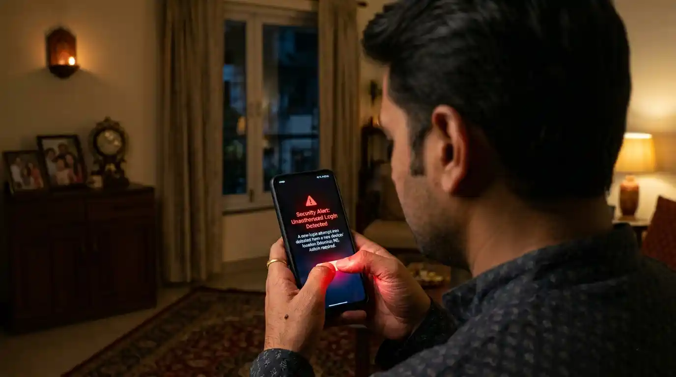An authentic, realistic photo taken over the shoulder of an Indian man, showing him holding a smartphone.