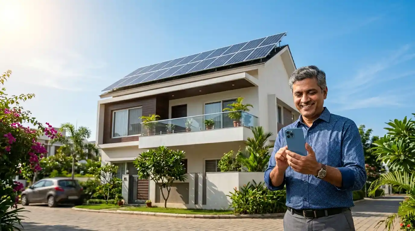 A homeowner in India successfully applying for the PM Surya Ghar Muft Bijli Yojana on his smartphone.