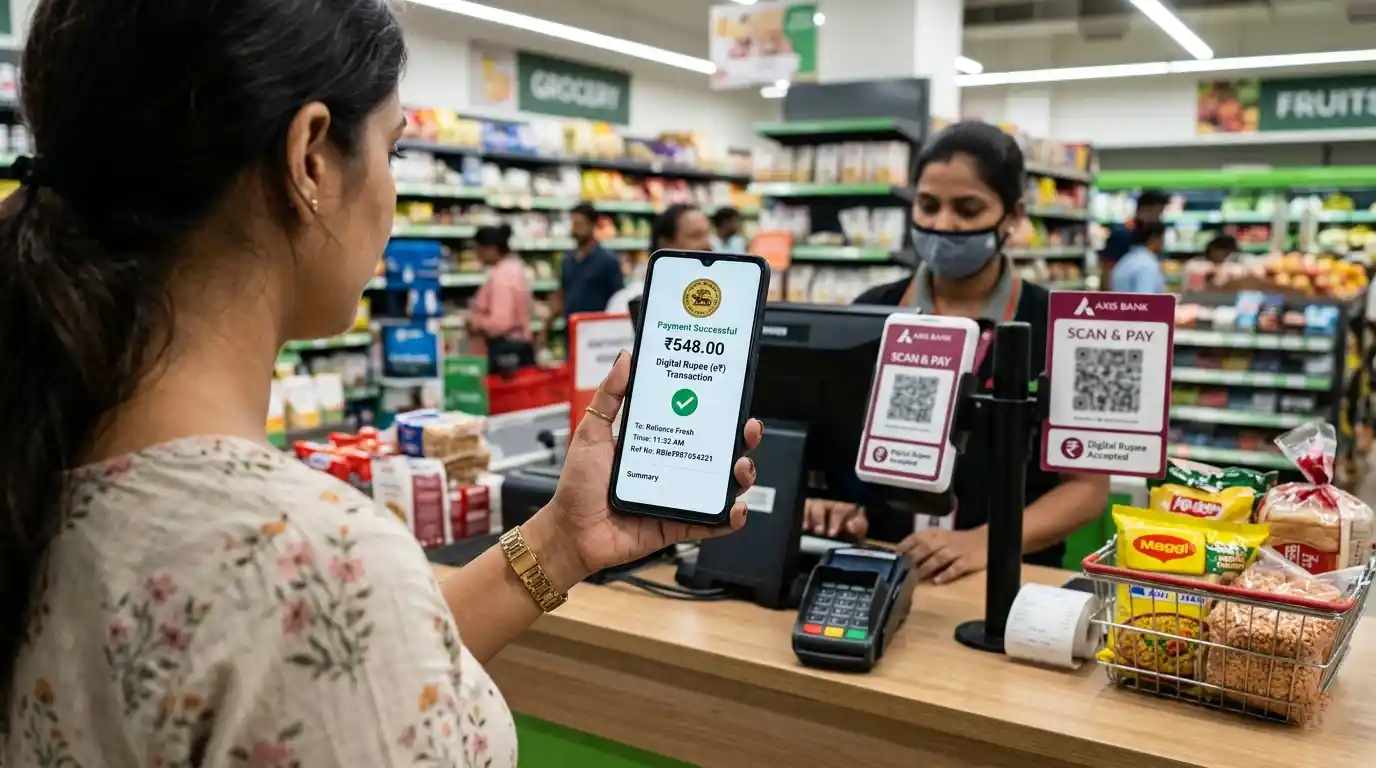 A realistic image showing a person paying via RBI Digital Rupee at a retail store in India. Representative Image