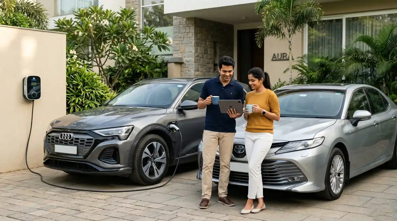 A comparison of an Electric SUV and a Hybrid car parked at an Indian home with a charging setup. Representative Image