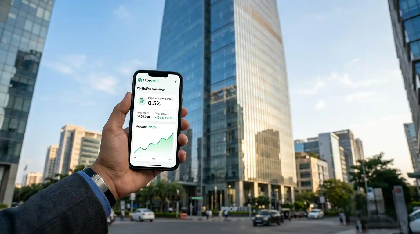 A visual representation of fractional real estate investment in a premium Indian commercial building via a mobile app. Representative Image