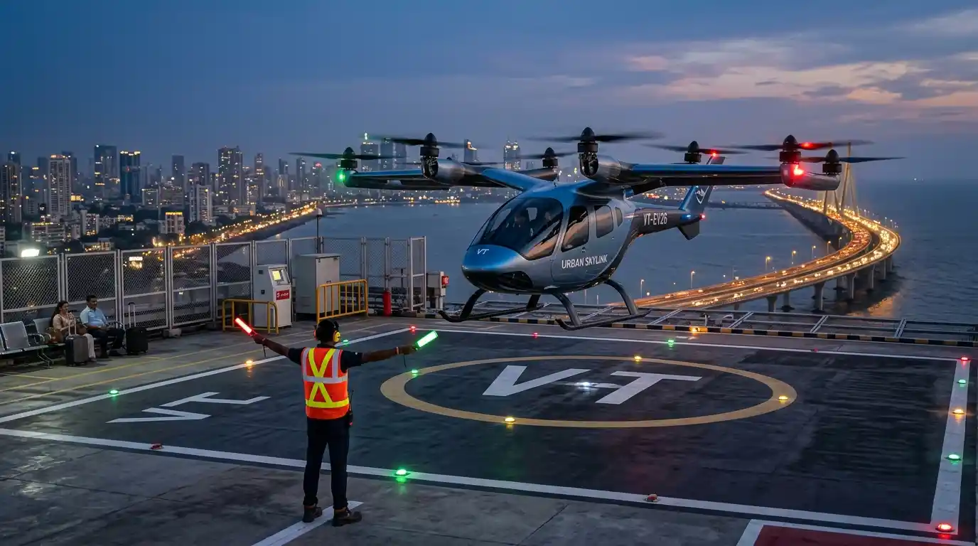 A futuristic electric flying taxi landing on a Mumbai skyscraper vertiport. Representative Image