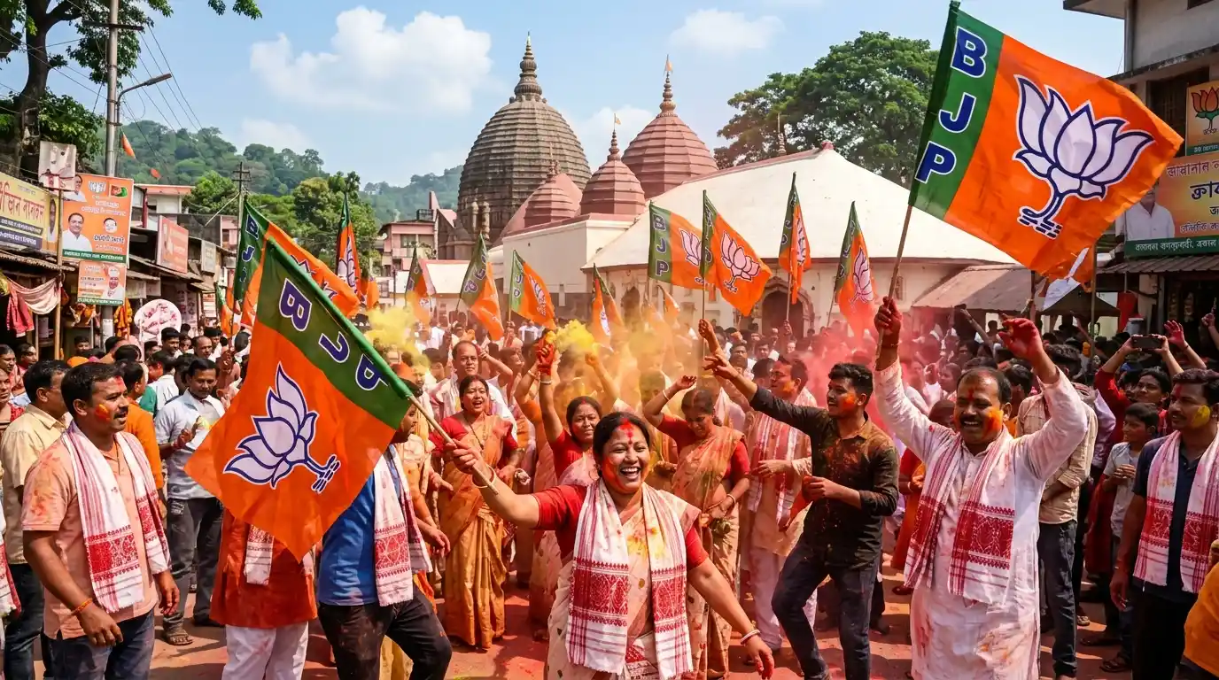 BJP supporters celebrating the hat-trick victory in the Assam Assembly Elections 2026 in Guwahati. Representative Image