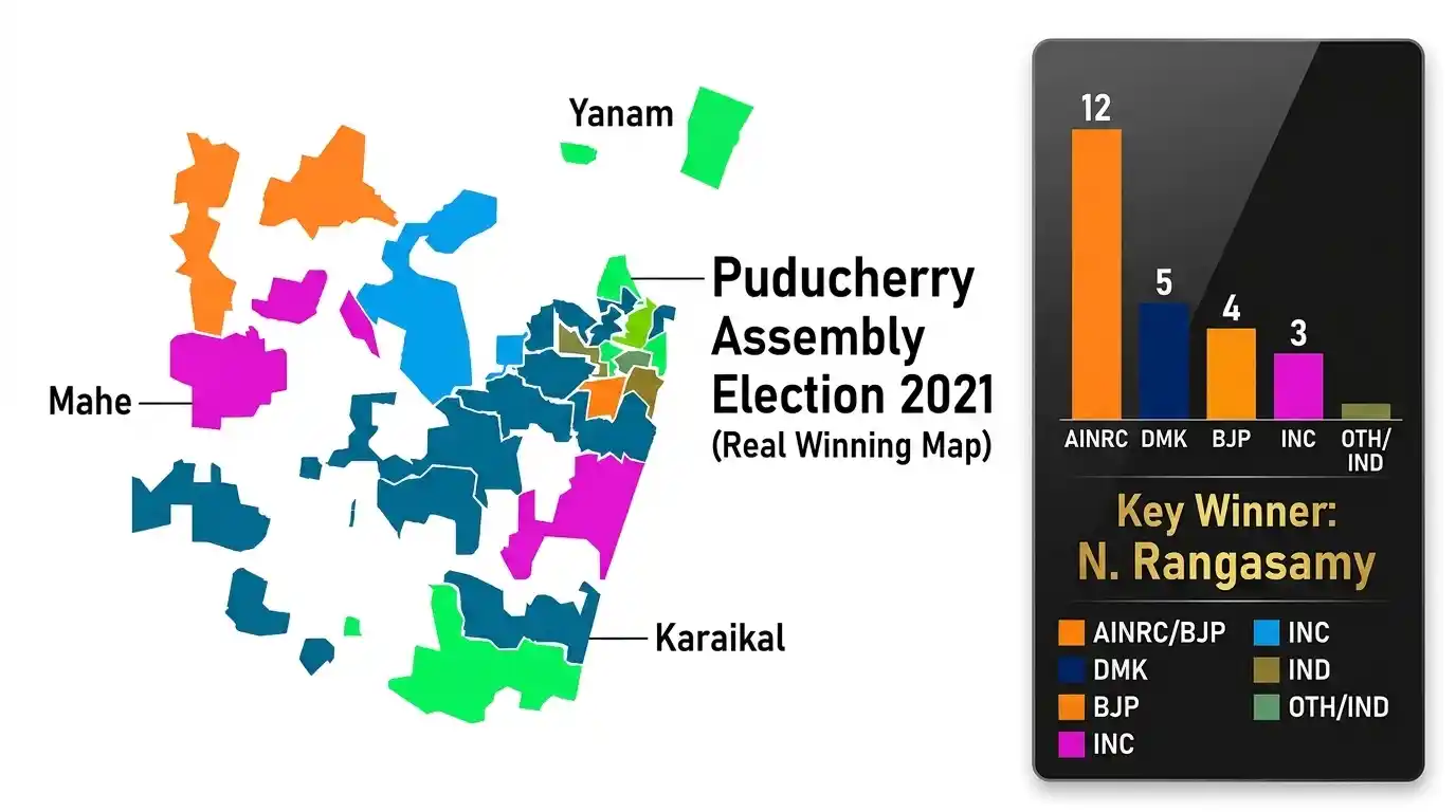Puducherry Assembly Election 2026 Map Infographic showing constituency-wise results and party seat tally.