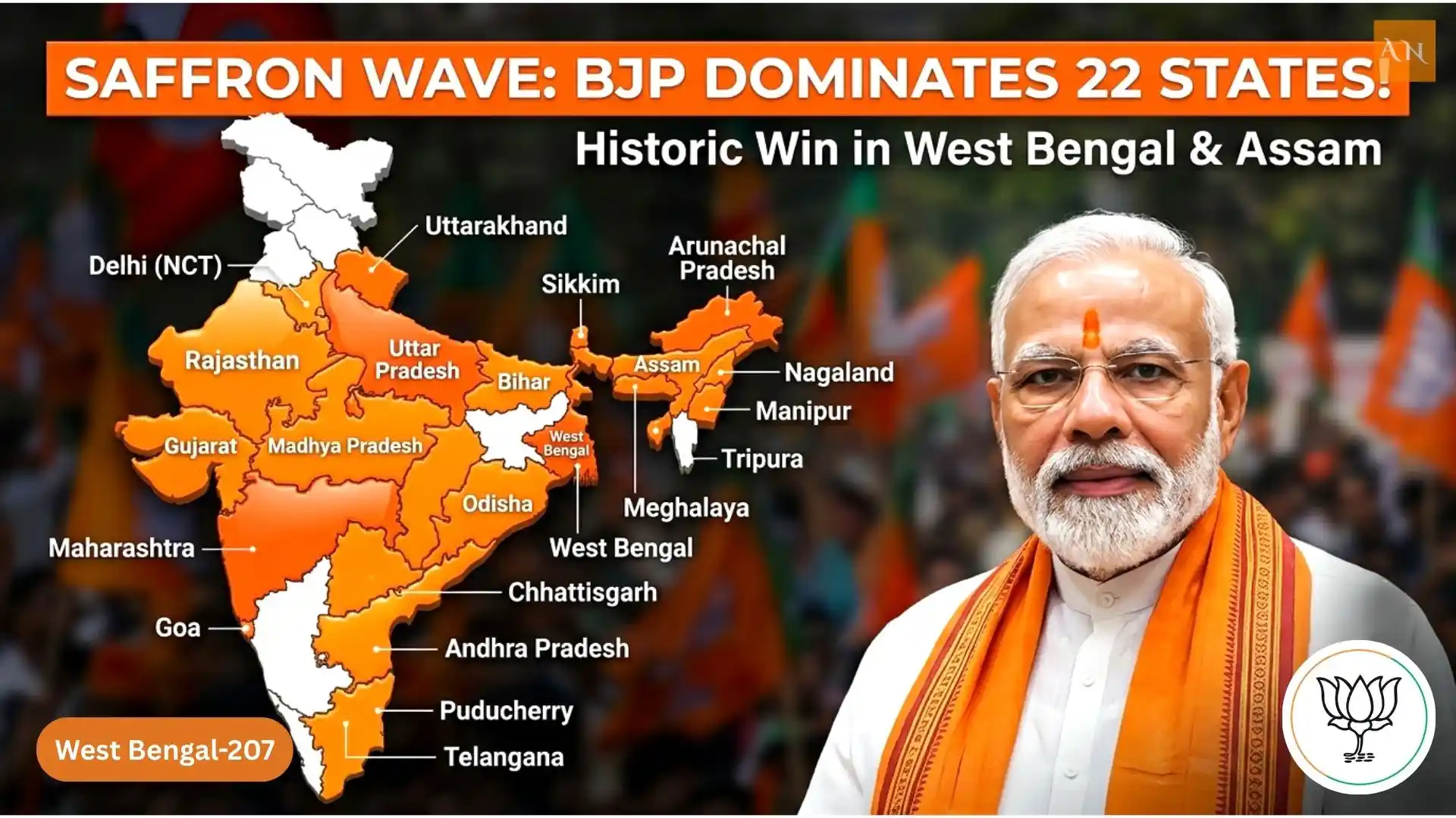 An infographic showing a 3D-effect map of India with 22 states highlighted in bright saffron/orange.