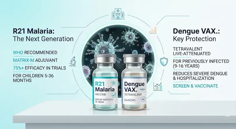R21 Malaria and TAK-003 Dengue vaccine vials on a laboratory table - 2026 Medical Research Update.