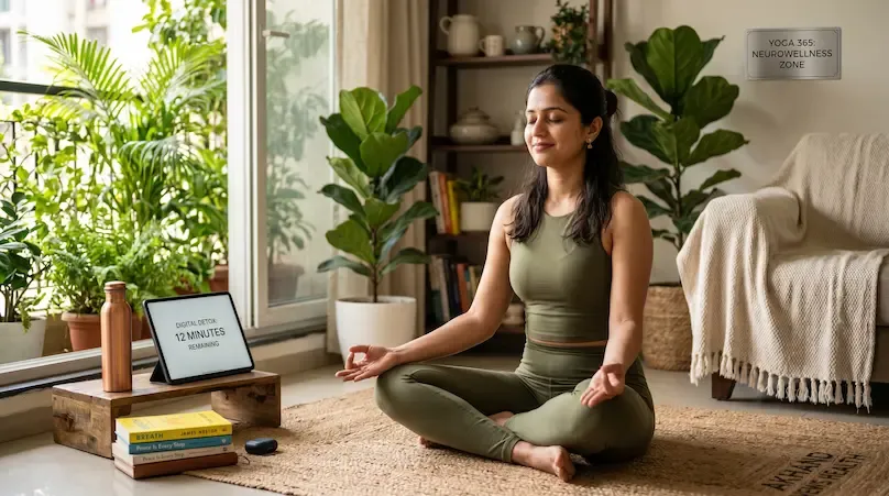 A person practicing yoga in a serene room with digital devices turned off - Yoga for Digital Detox 2026 - Akhand News.