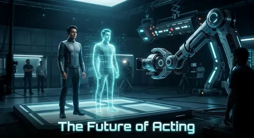 Futuristic movie set showing a human actor standing next to a photorealistic AI digital double with neural rendering interface – Akhand News 2026 Analysis.