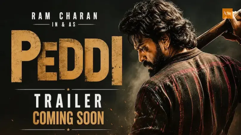 Ram Charan Peddi movie poster 2026 with intense action look and trailer announcement