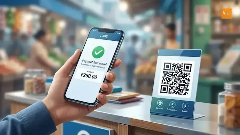 UPI payment 2026 new rules smartphone QR code digital transaction India. illustration