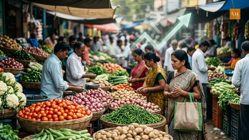 Indian economy inflation concept with vegetables and shopper in local market