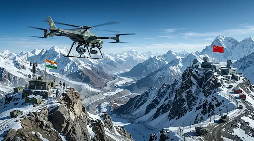 Indian and Chinese soldiers at a border ceremonial meeting point at Nathu La, 2026.