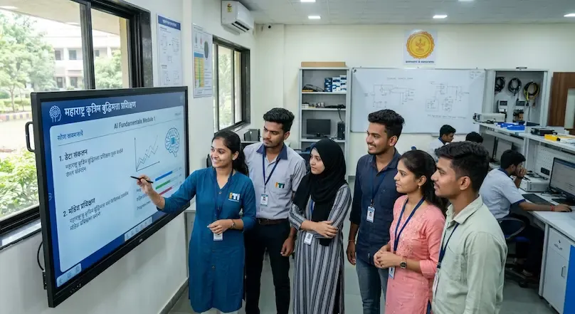 A realistic scene of young Maharashtrian students in a modern, well-lit tech lab at a state college, learning Artificial Intelligence modules on a large screen as part of the Maharashtra AI Policy 2026 – Akhand News.
