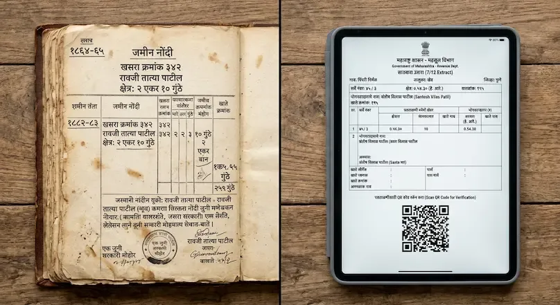 A visual comparison of historical 19th-century land registers and modern QR-coded digital property records as part of the Maharashtra Property Records Digitisation 2026 project – Akhand News.