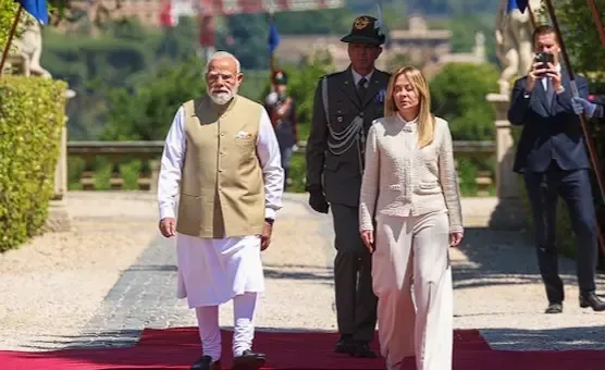 Prime Minister Narendra Modi and Italian PM Giorgia Meloni discussing the India-Italy defense partnership and strategic bilateral ties during their official high-level meeting. Photo Credit: Official X Handle / @narendramodi