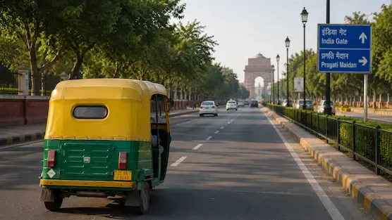 Delhi-NCR transport strike featuring a traditional Delhi auto rickshaw on a city road near India Gate during daytime traffic.