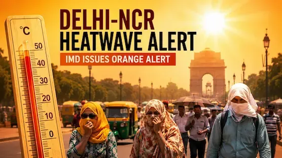 Delhi-NCR heatwave alert with empty roads, extreme summer temperature conditions, people protecting themselves from heat, urban skyline under harsh sunlight, realistic weather emergency scene in Delhi India
