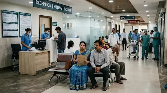 Delhi-NCR private hospital pricing investigation and healthcare regulation concept with patients and hospital corridor