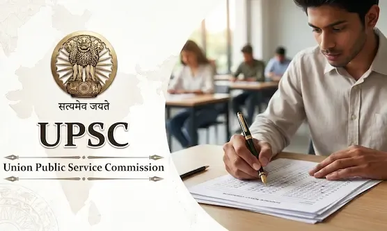 UPSC exam banner featuring the golden Indian national emblem, text, and a student writing an examination in a classroom.