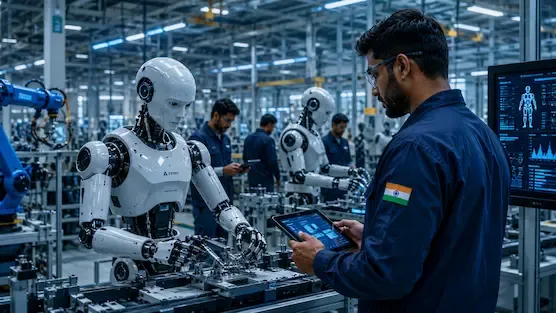 Humanoid AI robots and smart automation systems inside an advanced Indian technology workplace representative image.