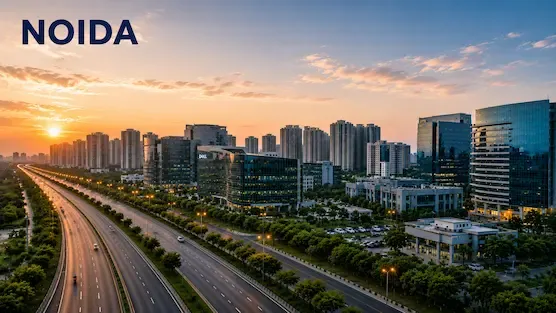 Modern skyline of Noida featuring the Noida Expressway, corporate office towers, residential high-rises, and green urban infrastructure during sunset, symbolizing the city’s rapid smart city transformation representative image.